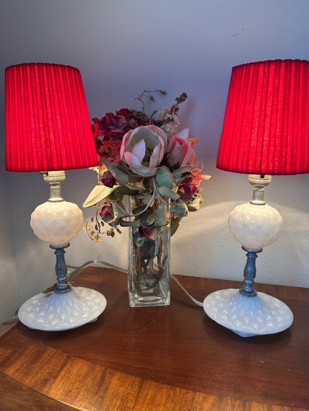 Two Vintage Milk Glass Hobnail Pattern Lamps Small Bedside Cottagecore